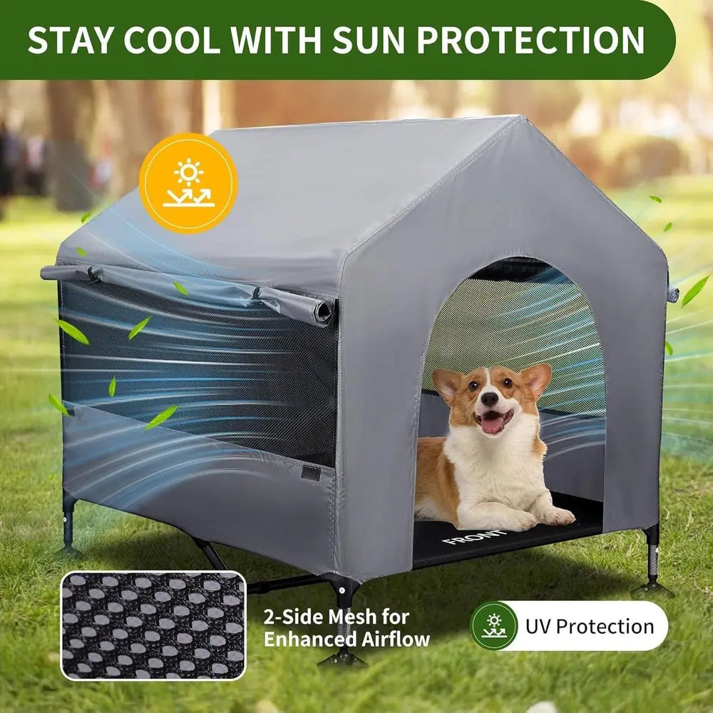 Dog House Outdoor Indoor Elevated Bed Cot With Mesh Windows