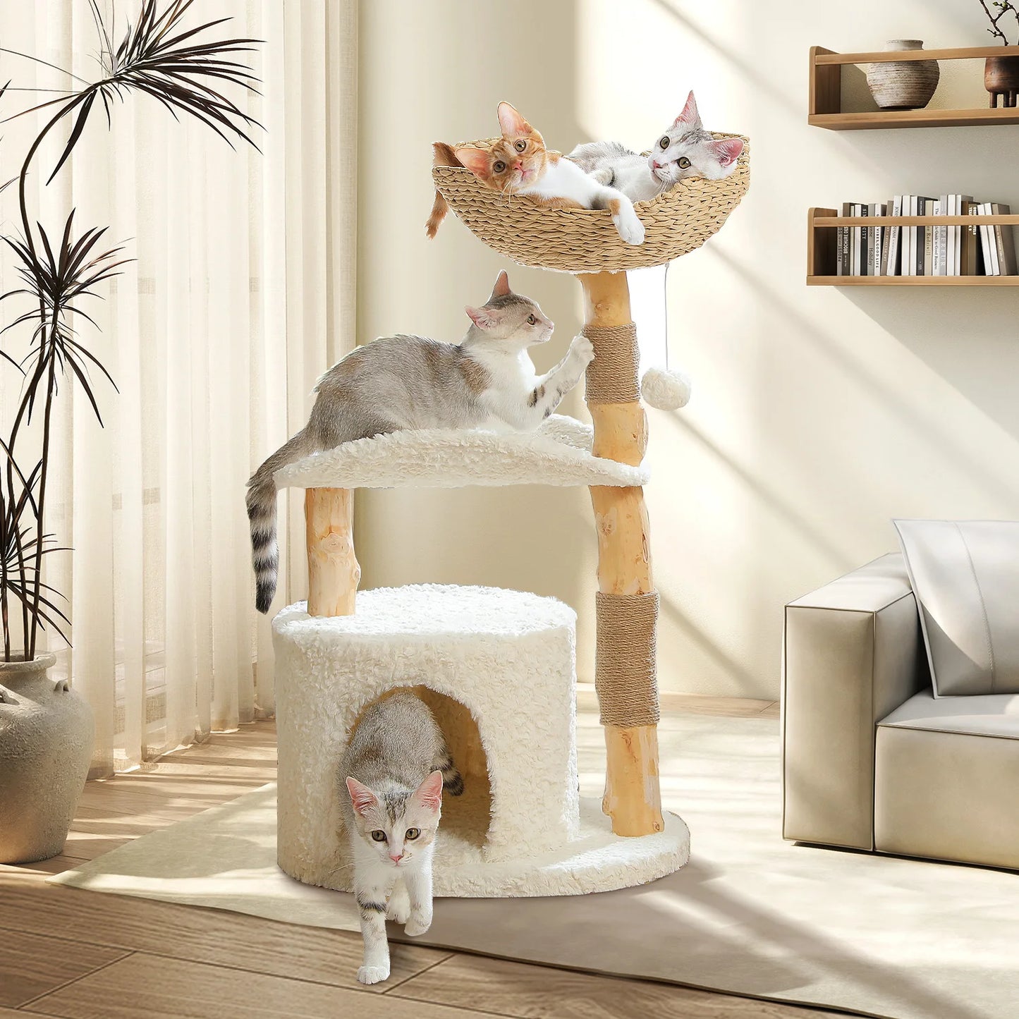 PEQULTI Solid Wood Cat Tree with Spacious Condo and Perches