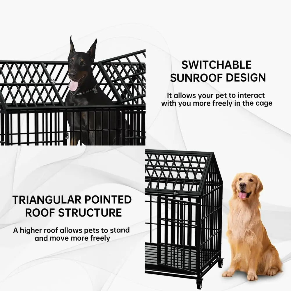 Heavy Duty Large Dog Crate With Dual Doors Lockable Wheels