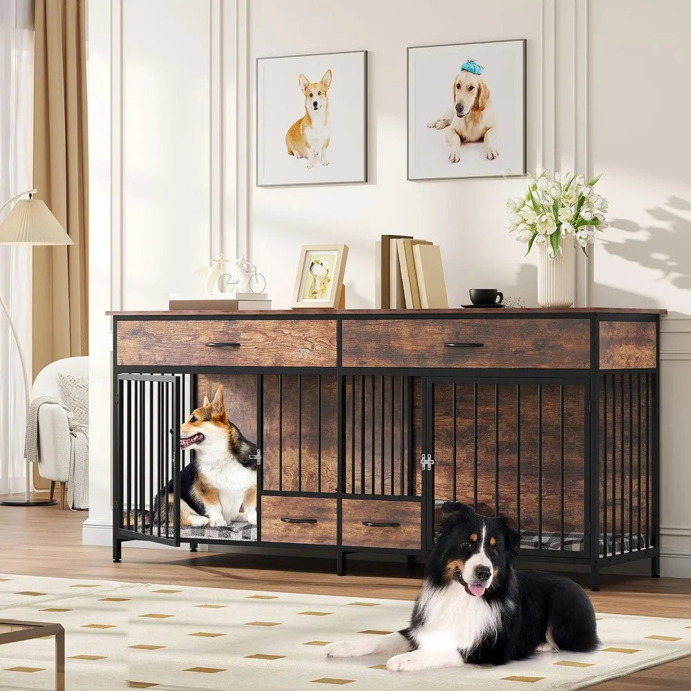 Dual Dog Crate Furniture With Side Table And Pet Food Dispenser