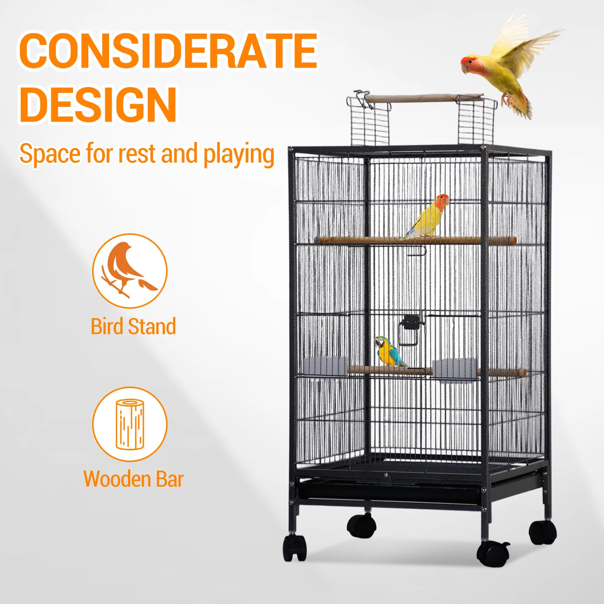 Open Top Double Parrot Cage With Rolling Storage Stand