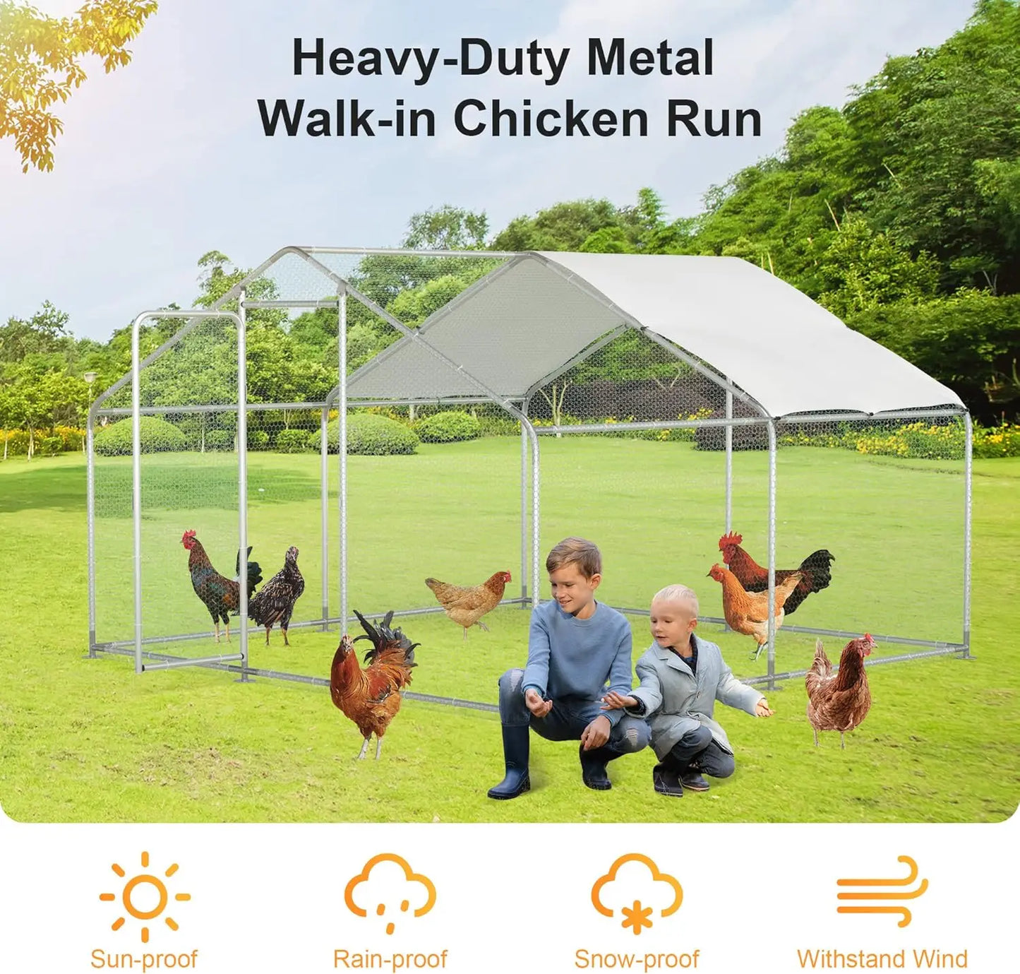Chicken Coop With Walk In Metal Run Waterproof Cover