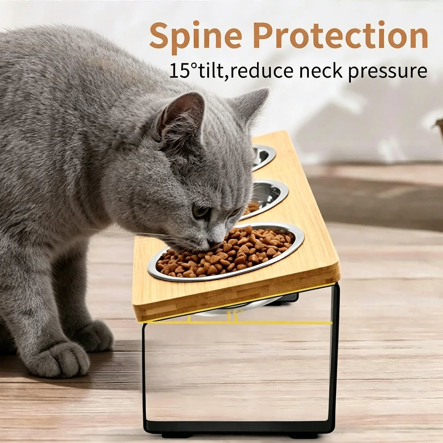Elevated Cat Feeder 15 Degree Tilt Bamboo Iron Stand Stainless Steel Bowls