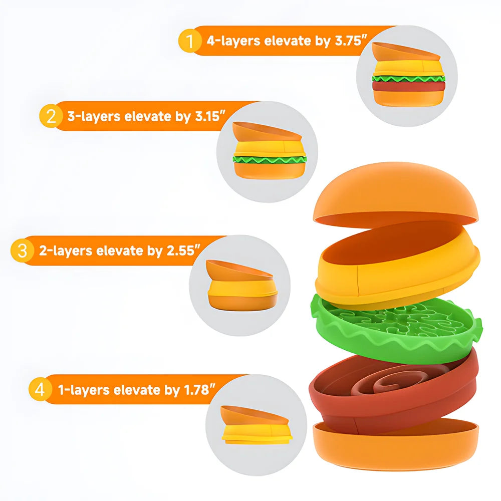5-in-1 Burger Pet Bowls Set With Tilted, Elevated, Slow Feeder