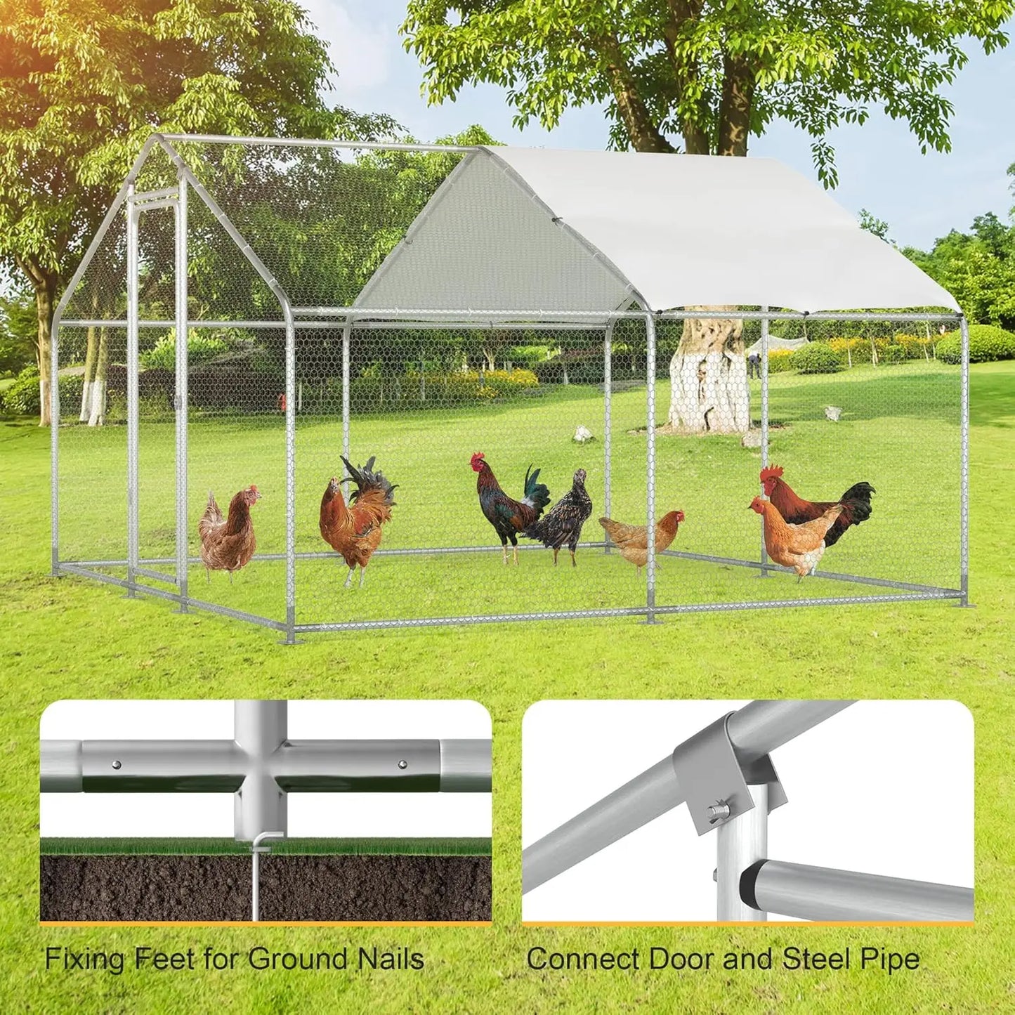 Chicken Coop With Walk In Metal Run Waterproof Cover