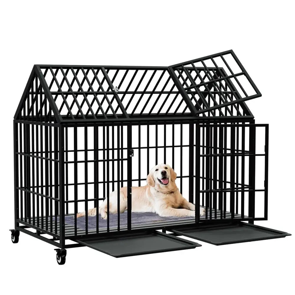 Heavy Duty Large Dog Crate With Dual Doors Lockable Wheels