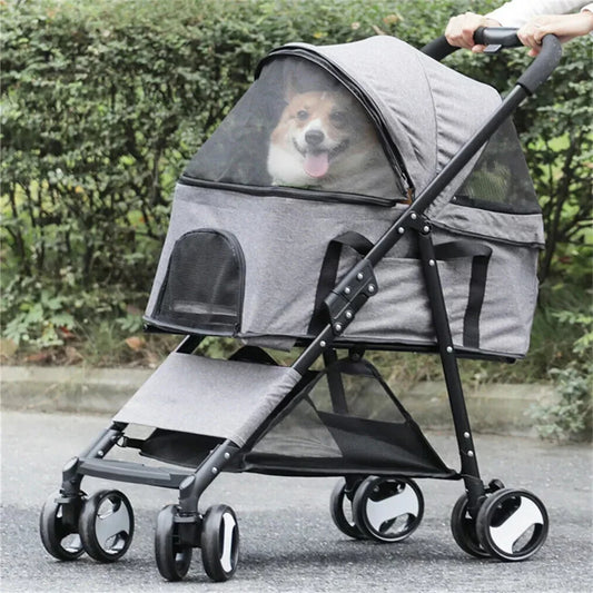 Foldable Four Wheel Pet Dog Stroller With Spacious Storage Basket