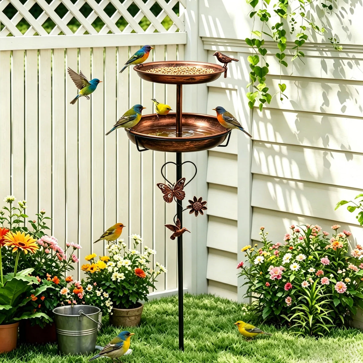 Sturdy Two Tier Metal Bird Bath For Garden Outdoor Decor