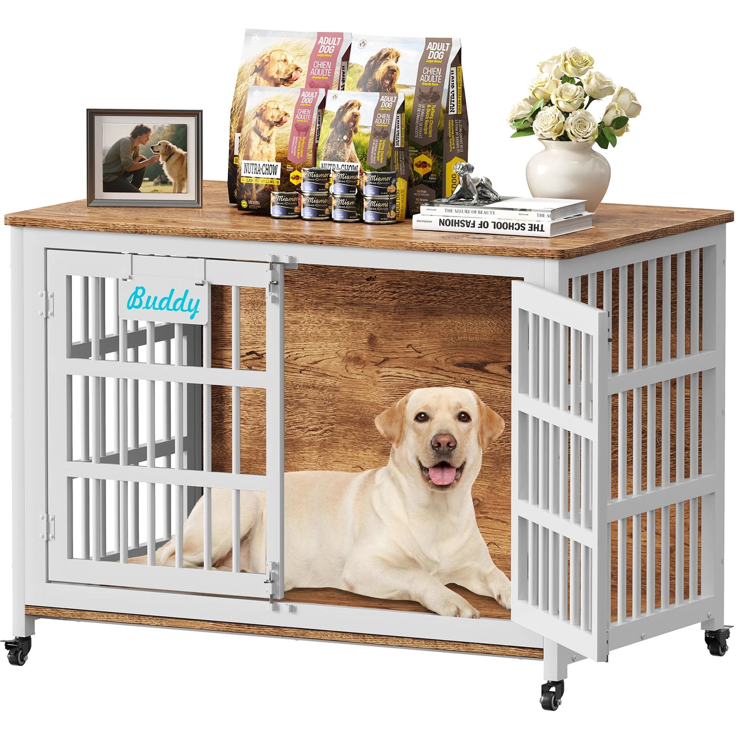 Dog Crate Furniture With Casters For Large And Medium Dogs