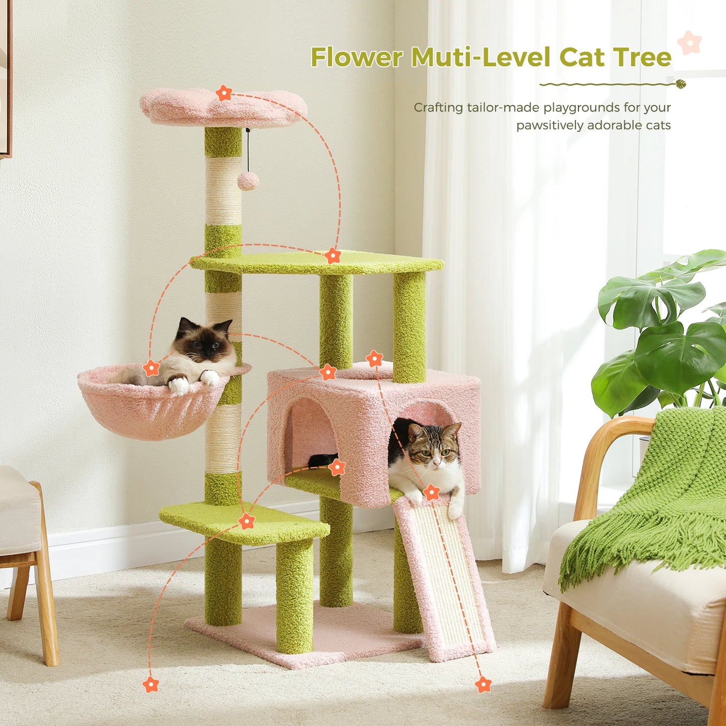 PEQULTI Flower Cat Tree Multi Level Cat Tower With Sisal Posts Hammock
