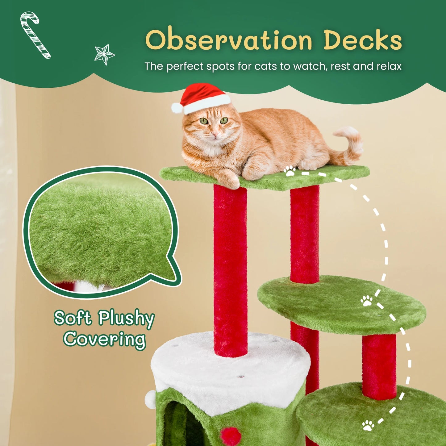 NONECN Christmas Cat Tower With Condo Plush 3 Level Cat Tree
