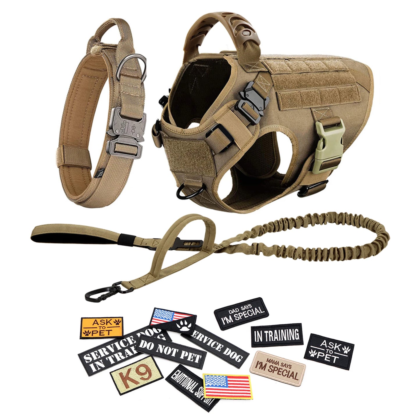 PETRAVEL Tactical Dog Harness Vest Leash Collar Patches Set