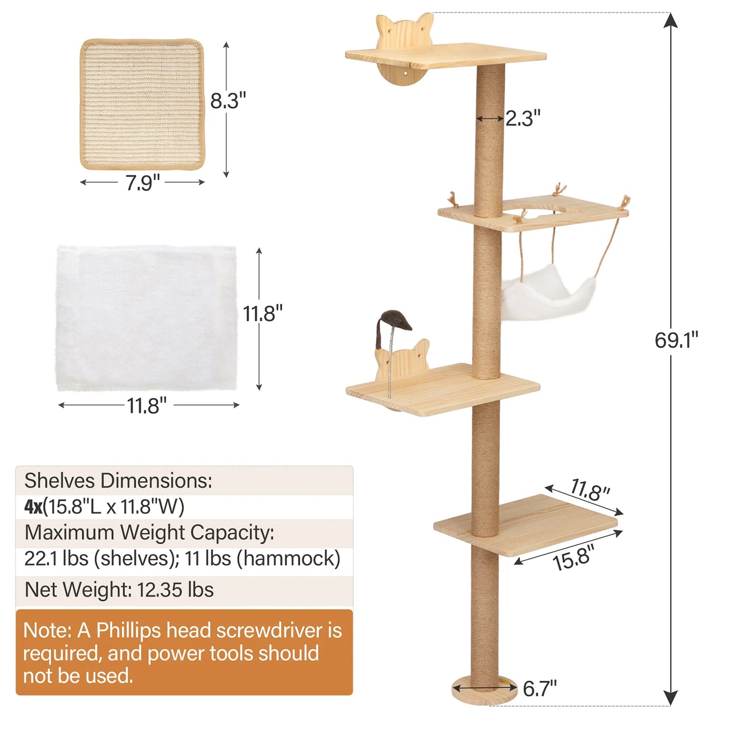 Wall Mounted Cat Scratching Pad With Hammock Tree Indoor