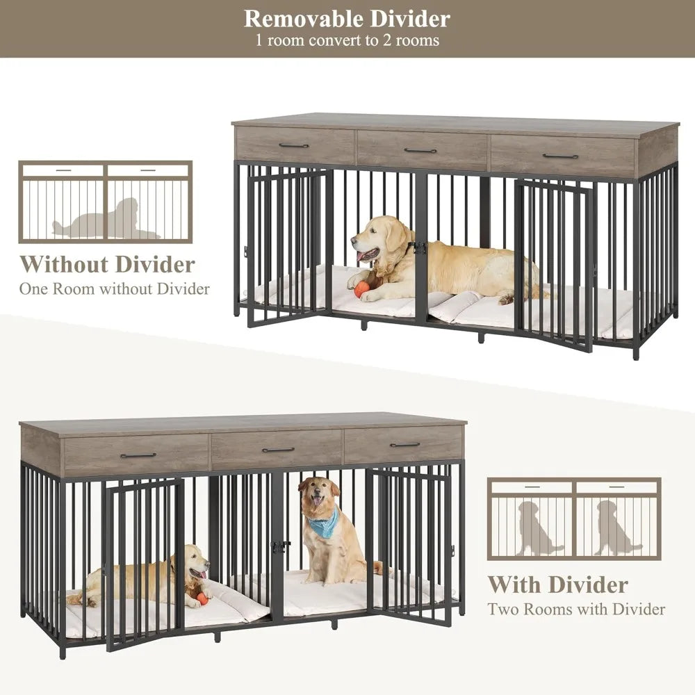 Heavy Duty Wooden Double Dog Crate With Drawers For Pets