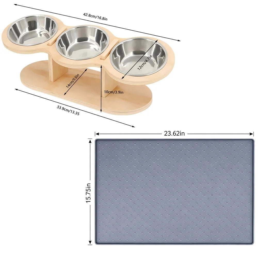 Cat Three Bowls In Raised Feeder With Tilted Wooden Stand