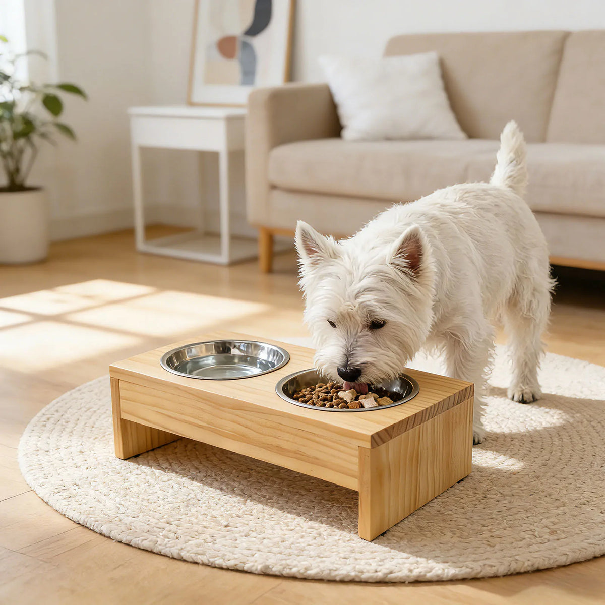 Wooden Elevated Dog Bowls With Stainless Steel Double Pet Feeder