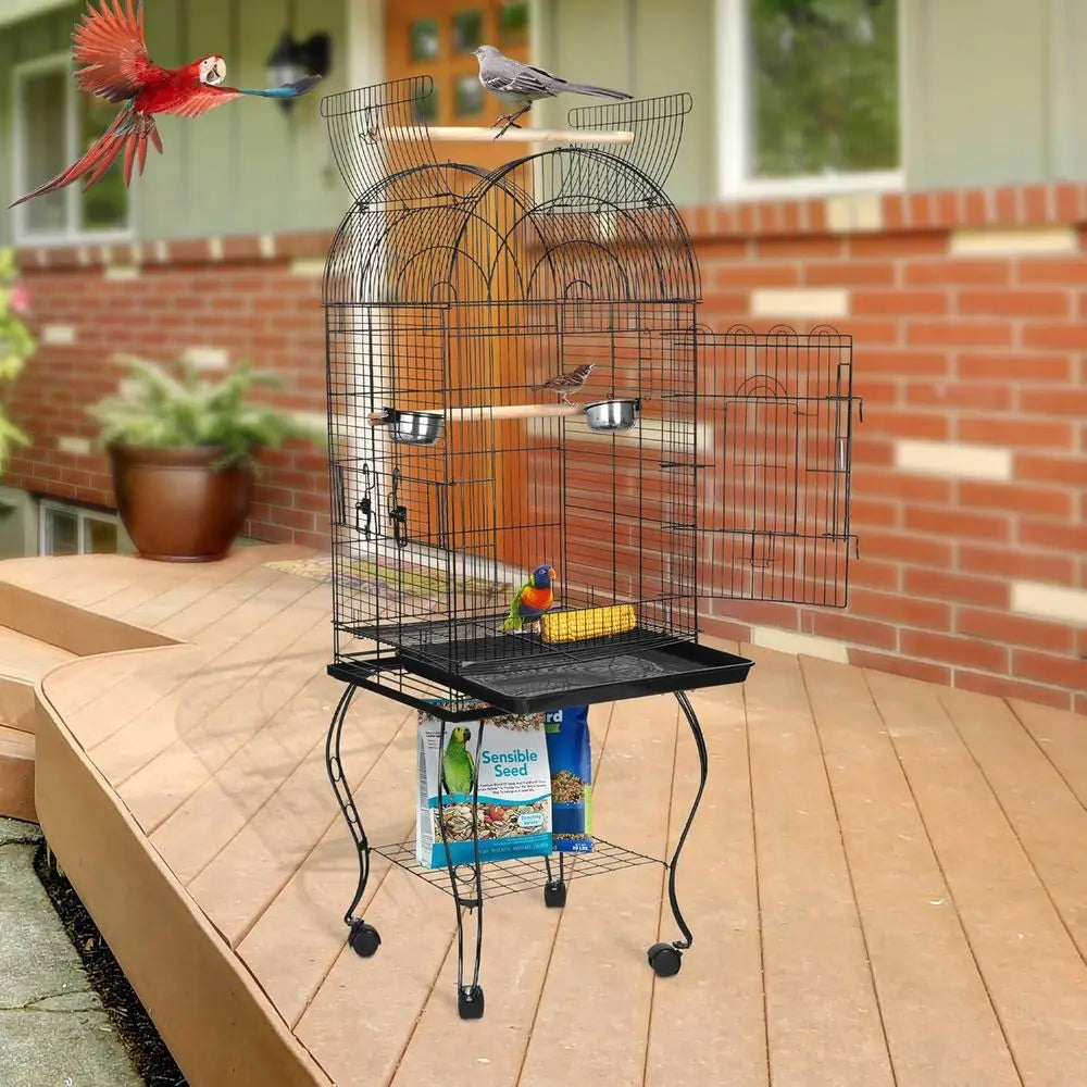 Open-Top Wrought Iron Bird Cage With Slide-Out Tray For Parrots And Cockatoos